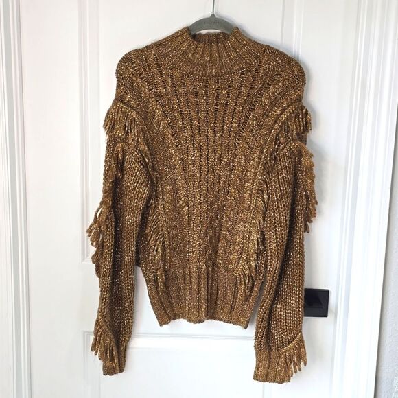 Express Metallic Bronze Brown Gold Fringe Mock Neck Sweater - Size Small - Picture 1 of 12
